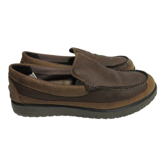 LL Bean Men's Moccasins Loafer Slipper Size 11 M Brown Leather Fur Lined Slip On - Picture 1 of 13